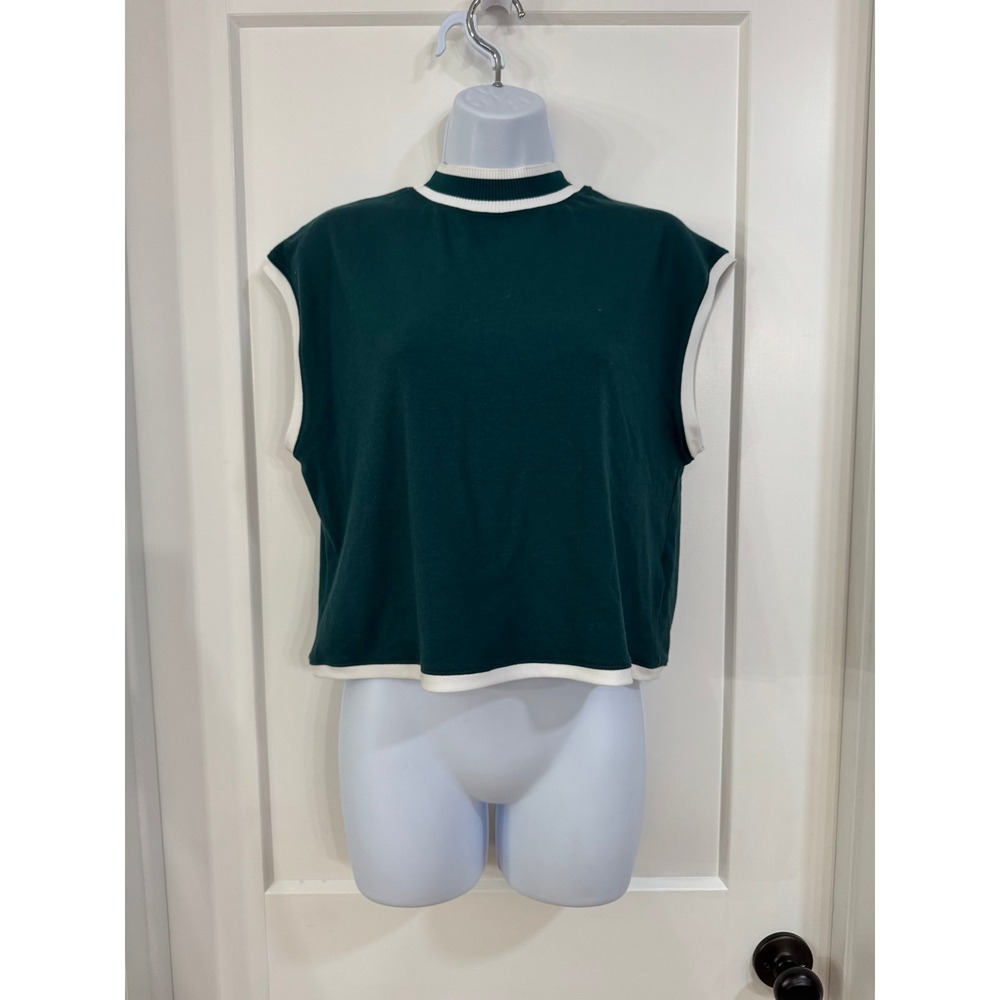 CALIA Rib Mock Neck Crop Tank Sea Green White Trim WAX15123 Womens medium